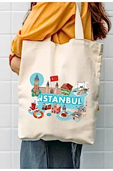 Çınar Bez Çanta Kanvas I?stanbul Açık Mavi Deniz Baskılı Bez Çanta