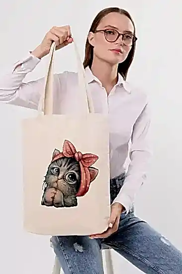 Çınar Bez Çanta Kanvas Sevimli Kedi Baskılı Bez Çanta